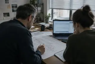 SEO specialists comparing website performance data with a hand-drawn content architecture map in a natural agency workspace.